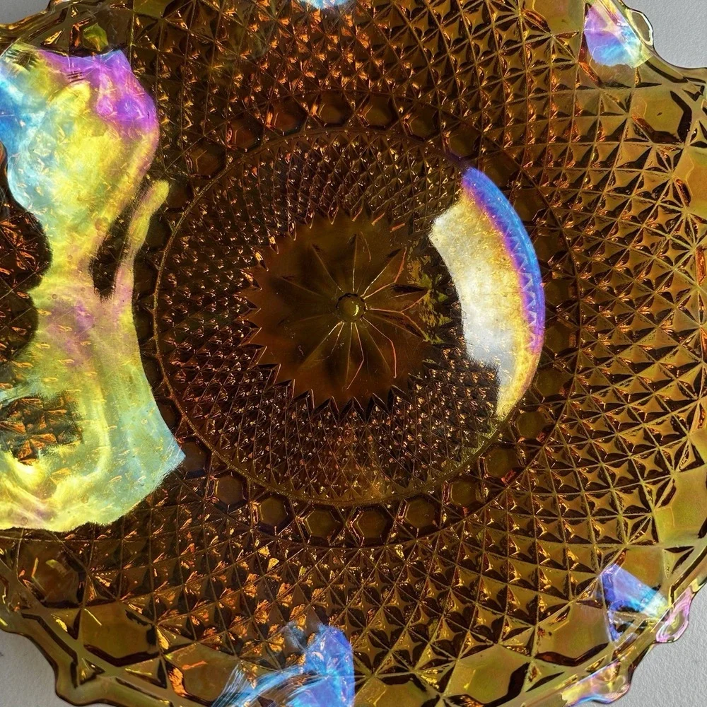 Vintage Indiana Glass Amber Carnival Plate Iridescent Diamond Point Starburst